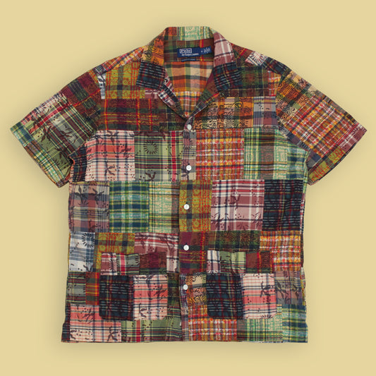 Polo Ralph Lauren Block Print Indigo Patchwork Madras Loop Collar Shirt