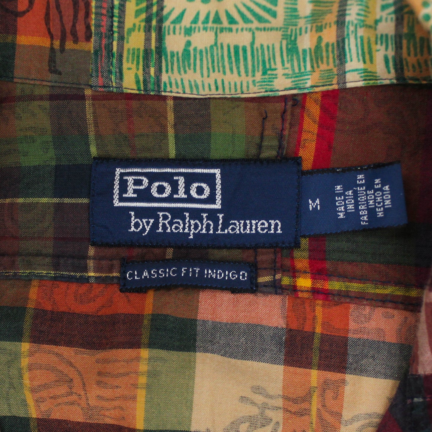 Polo Ralph Lauren Block Print Indigo Patchwork Madras Loop Collar Shirt