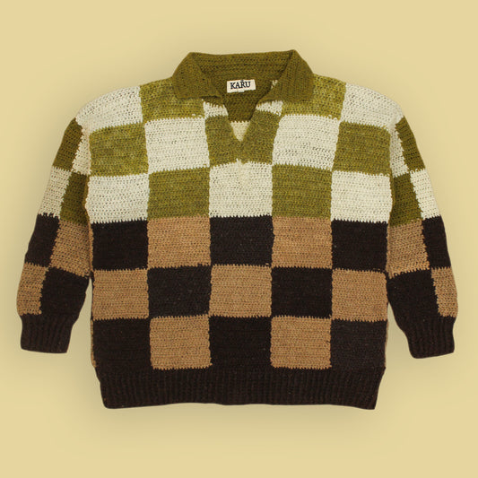 Karu Research Wool Check Rugby Knit Sweater