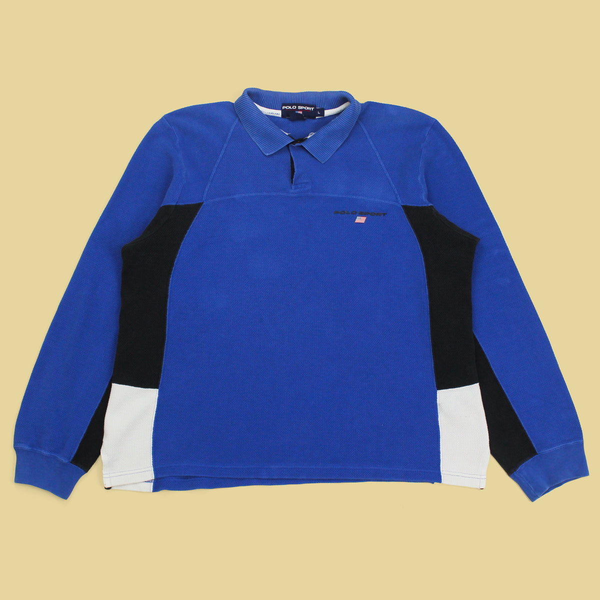 Vintage Polo Sport Textured Knit Cotton Paneled Long Sleeve Polo Shirt