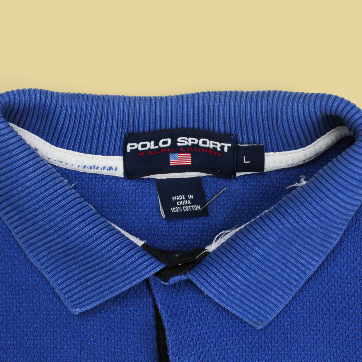Vintage Polo Sport Textured Knit Cotton Paneled Long Sleeve Polo Shirt