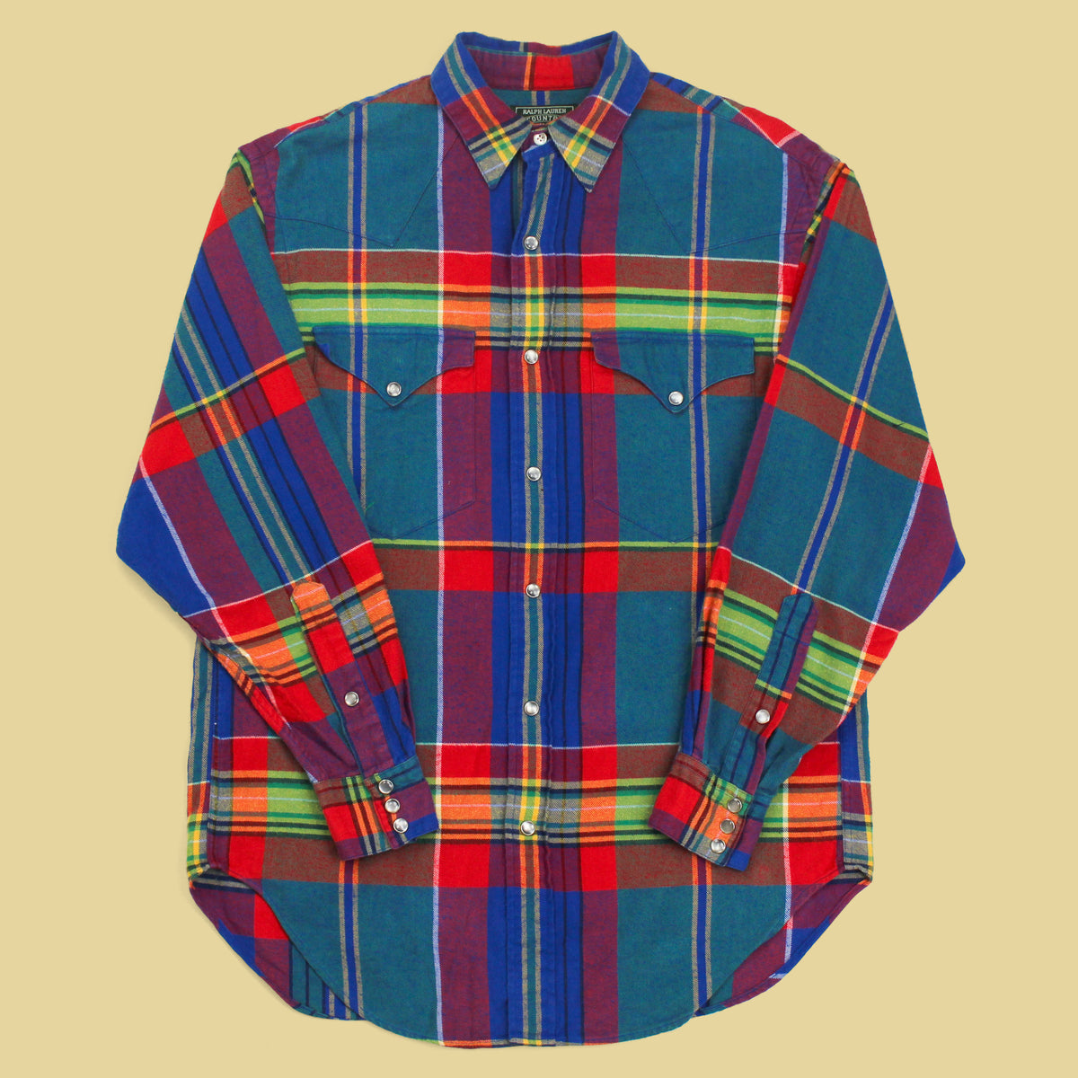 Vintage Polo Country Plaid Cotton Flannel Pearl Snap Western Shirt