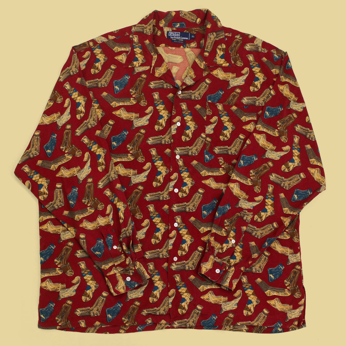 Vintage Polo Ralph Lauren Socks Print Rayon Camp Collar Button-Up Shirt