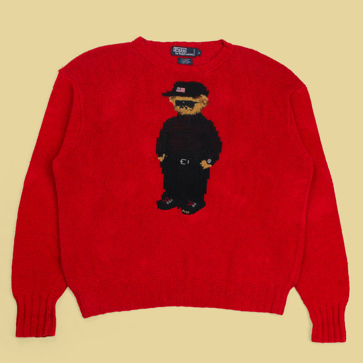 Vintage Polo Ralph Lauren "Cool Bear" Intarsia Knit Cotton Blend Crewneck Sweater