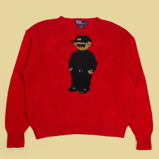 Vintage Polo Ralph Lauren "Cool Bear" Intarsia Knit Cotton Blend Crewneck Sweater