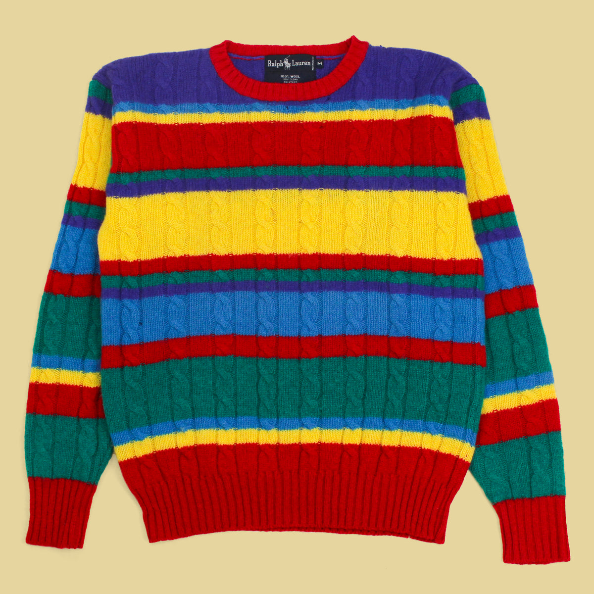 Vintage Polo Ralph Lauren Variegated Stripe Cable Knit Wool Crewneck Sweater