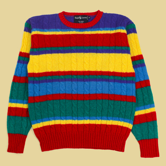 Vintage Polo Ralph Lauren Variegated Stripe Cable Knit Wool Crewneck Sweater