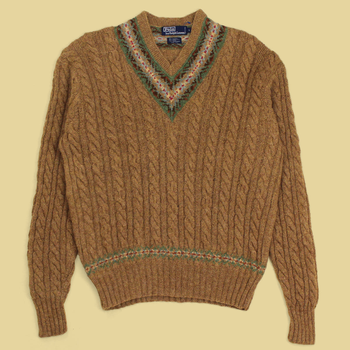 Polo Ralph Lauren Fair Isle Cable Knit Angora Blend V-Neck Sweater