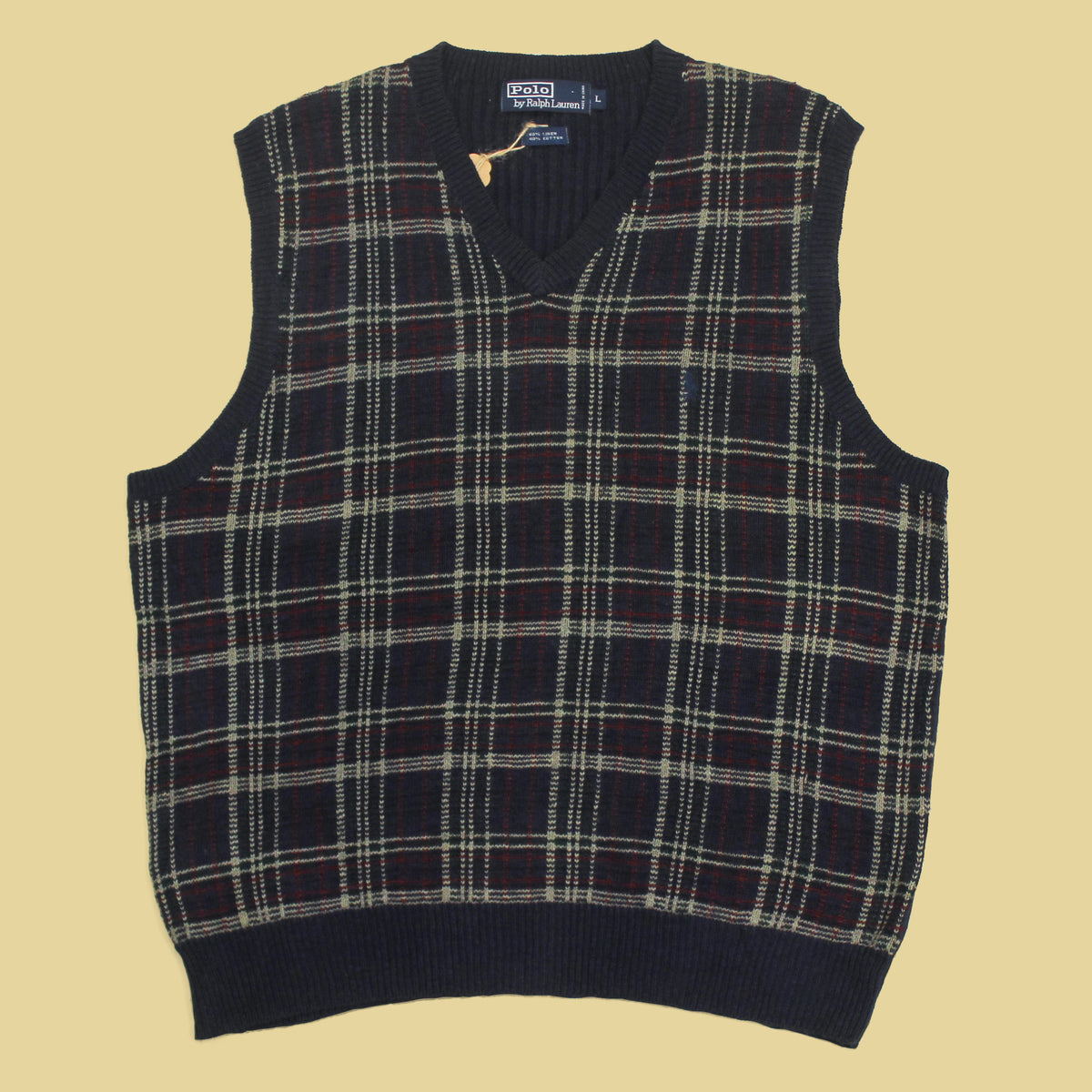 Vintage Polo Ralph Lauren Plaid Knit Linen Cotton V-Neck Sweater Vest