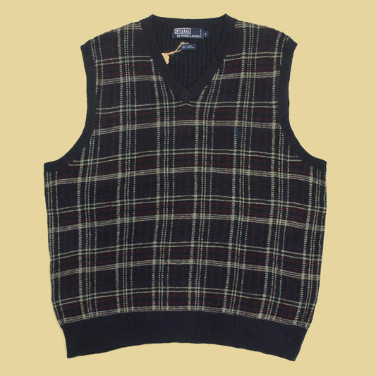 Vintage Polo Ralph Lauren Plaid Knit Linen Cotton V-Neck Sweater Vest