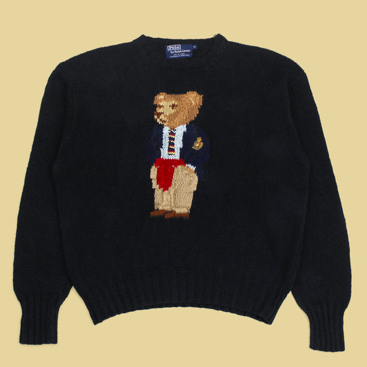 Vintage Polo Ralph Lauren Preppy Bear Intarsia Knit Linen Cotton Crewneck Sweater