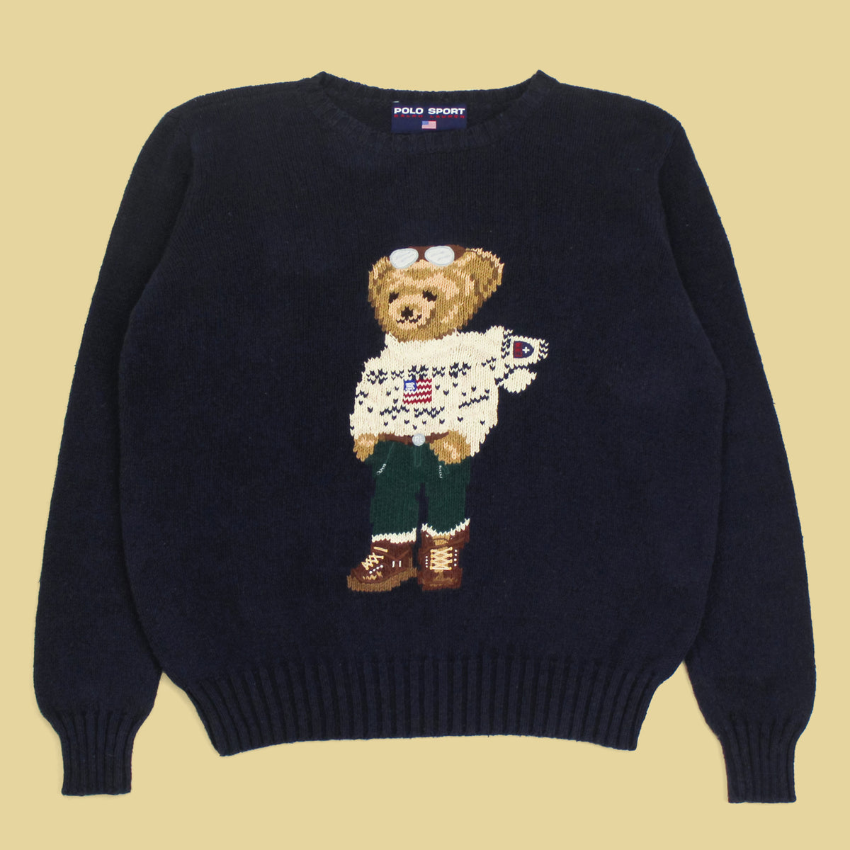 Vintage Polo Sport Aviator Bear Intarsia Knit Cotton Crewneck Sweater