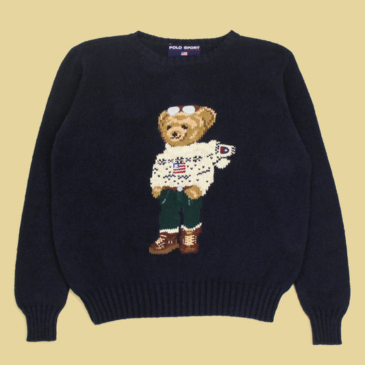 Vintage Polo Sport Aviator Bear Intarsia Knit Cotton Crewneck Sweater