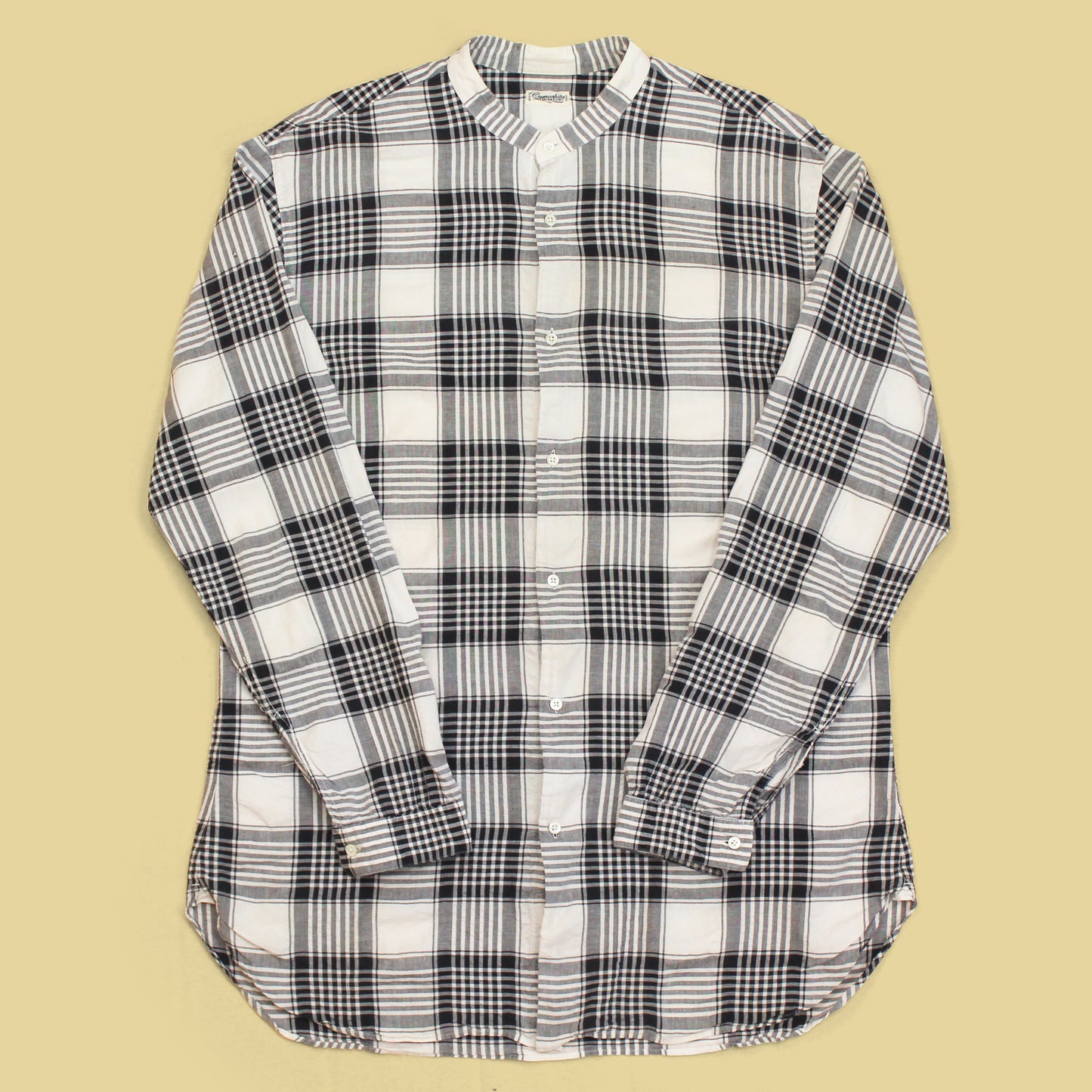Camoshita Plaid Cotton Linen Blend Band Collar Shirt