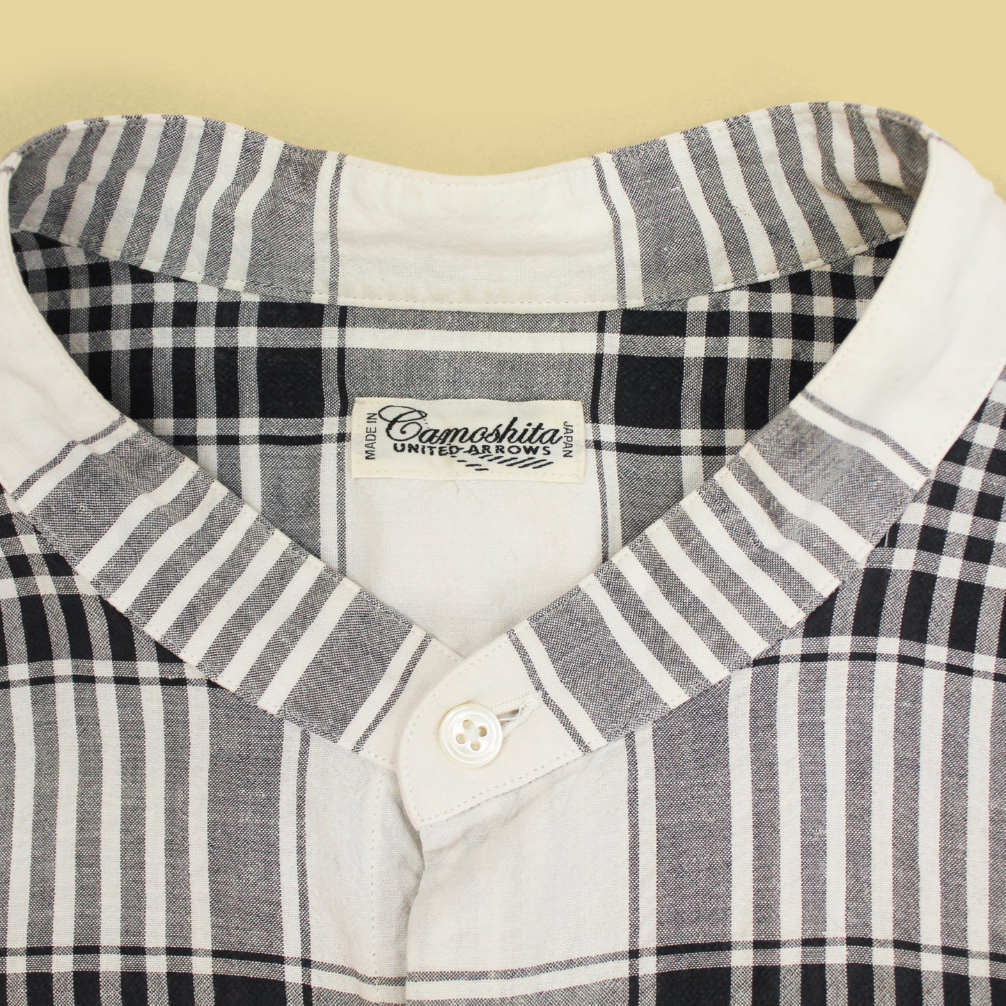 Camoshita Plaid Cotton Linen Blend Band Collar Shirt