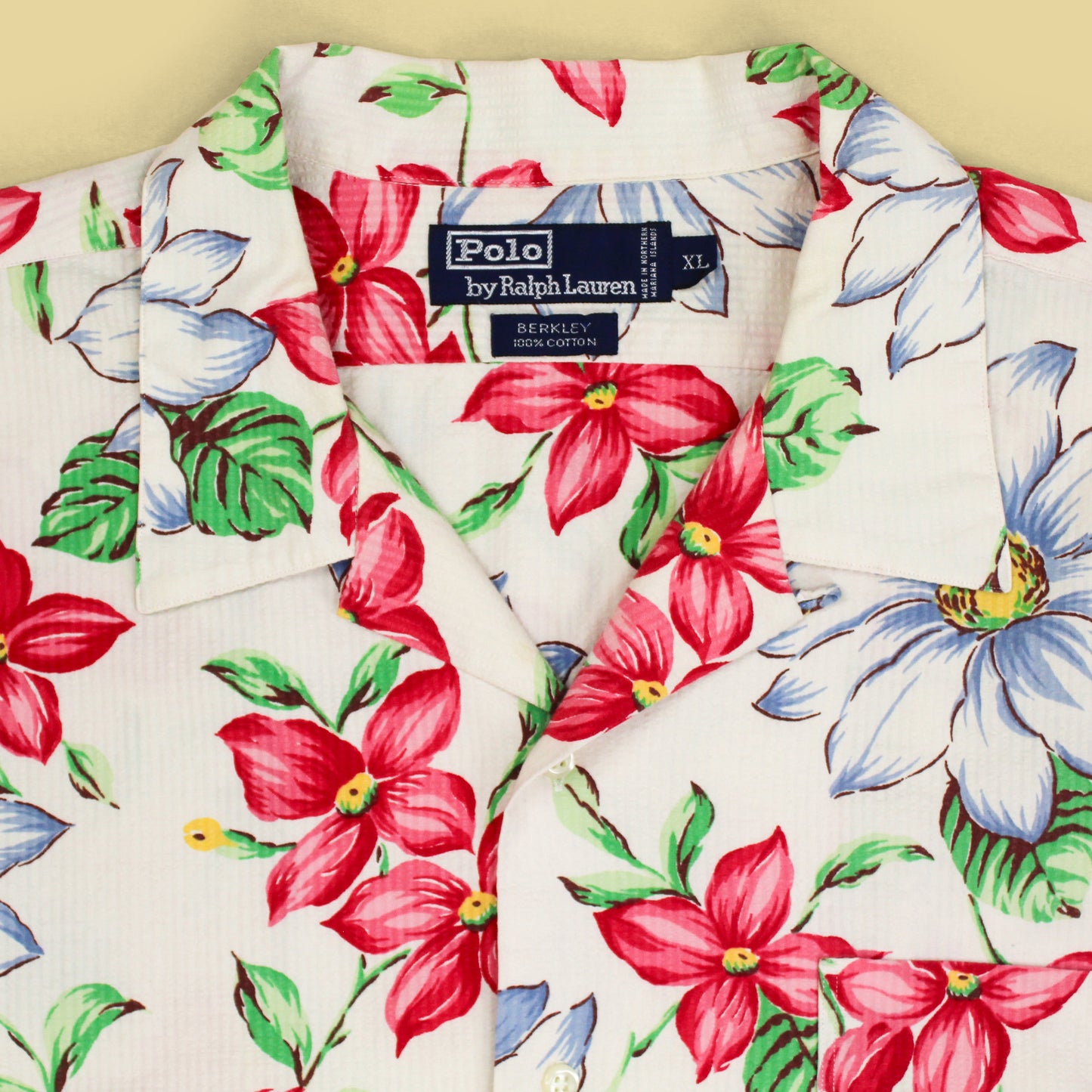 Vintage Polo Ralph Lauren Floral Print Seersucker Short Sleeve Camp Collar Berkley Shirt