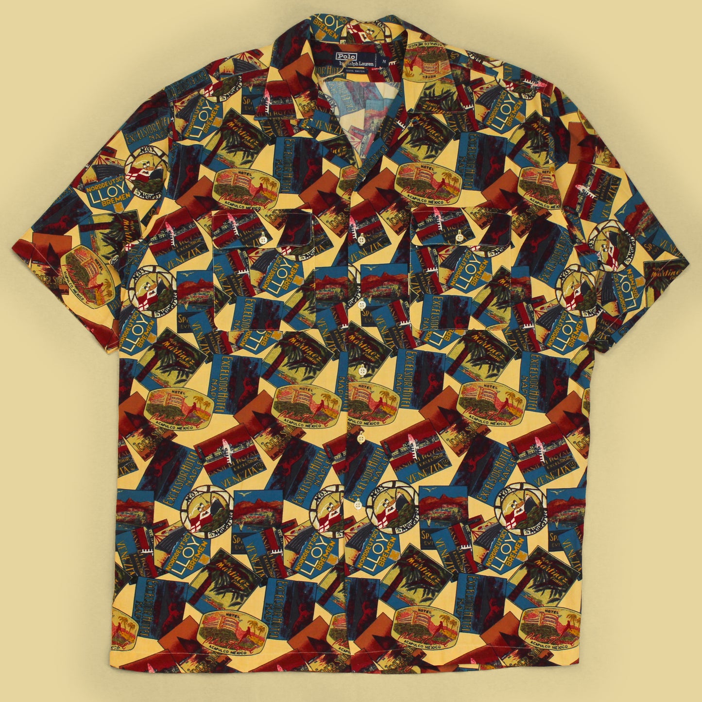 Vintage Polo Ralph Lauren Postcard Print Rayon Short Sleeve Camp Collar Shirt