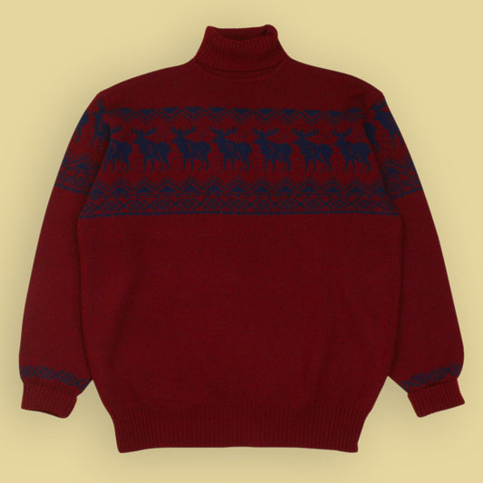 Double RL Moose Fair Isle Intarsia Knit Wool Turtleneck Sweater