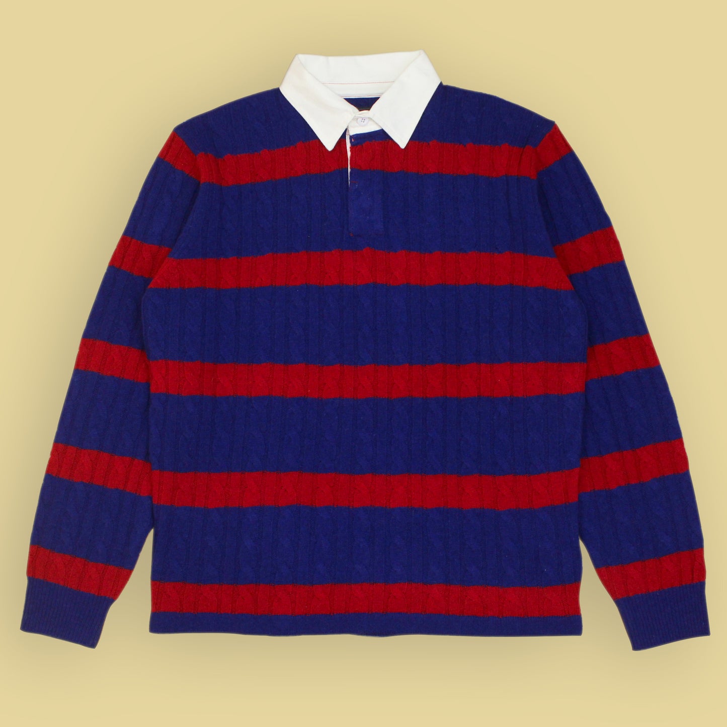 Beams Plus Striped Cable Knit Wool Rugby Shirt Sweater