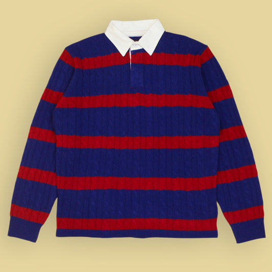Beams Plus Striped Cable Knit Wool Rugby Shirt Sweater