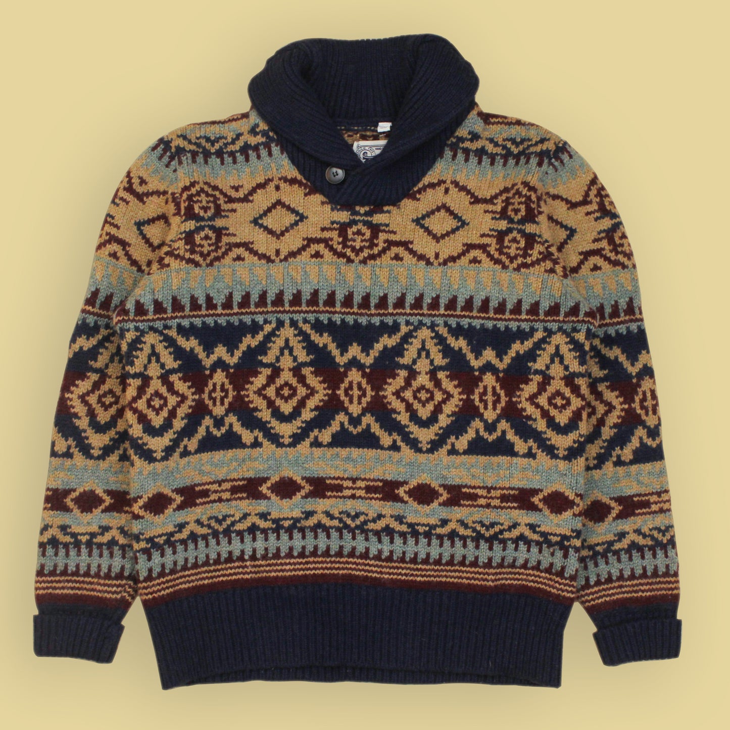 Schott Bros. Southwestern Intarsia Knit Wool Blend Shawl Collar Sweater