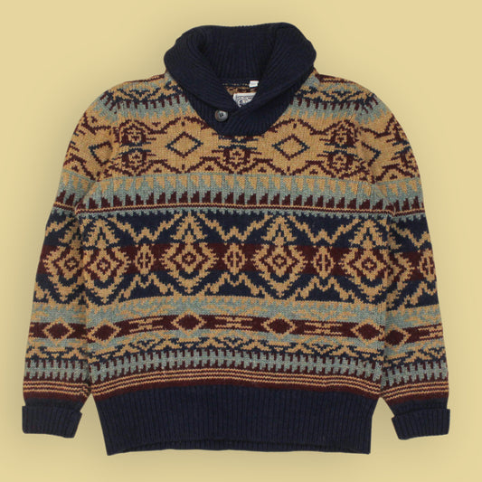 Schott Bros. Southwestern Intarsia Knit Wool Blend Shawl Collar Sweater