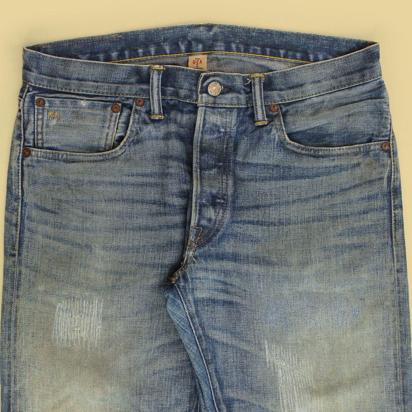 RRL Distressed/Repaired Folsom Wash Selvedge Slim Fit Jeans