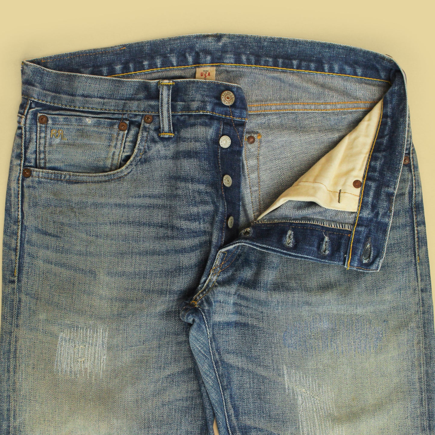 RRL Distressed/Repaired Folsom Wash Selvedge Slim Fit Jeans