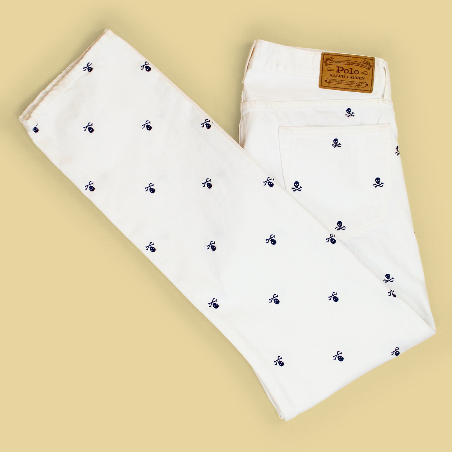 Polo Ralph Lauren Skull & Crossbone Embroidered White Denim Varick Slim Straight Jeans