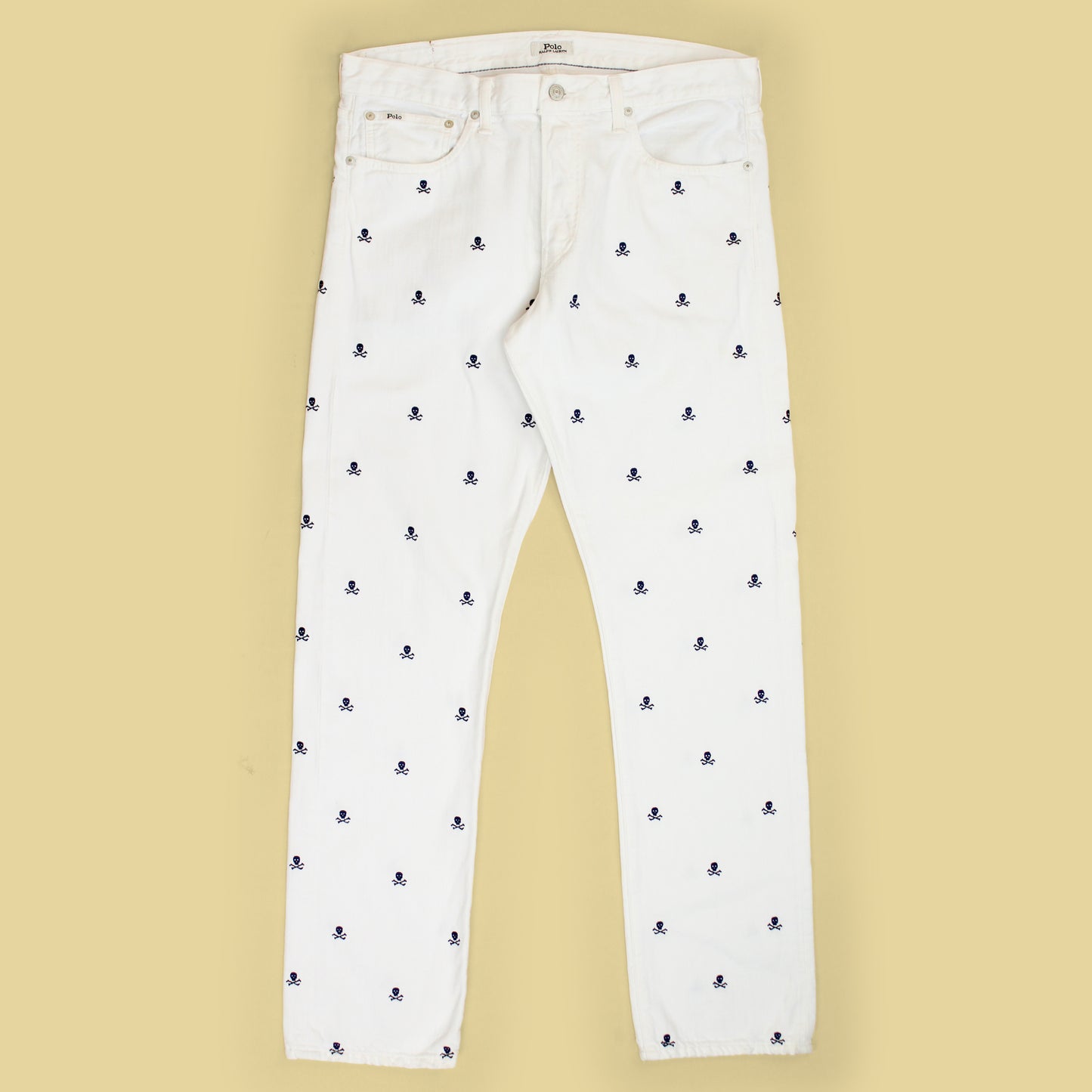 Polo Ralph Lauren Skull & Crossbone Embroidered White Denim Varick Slim Straight Jeans