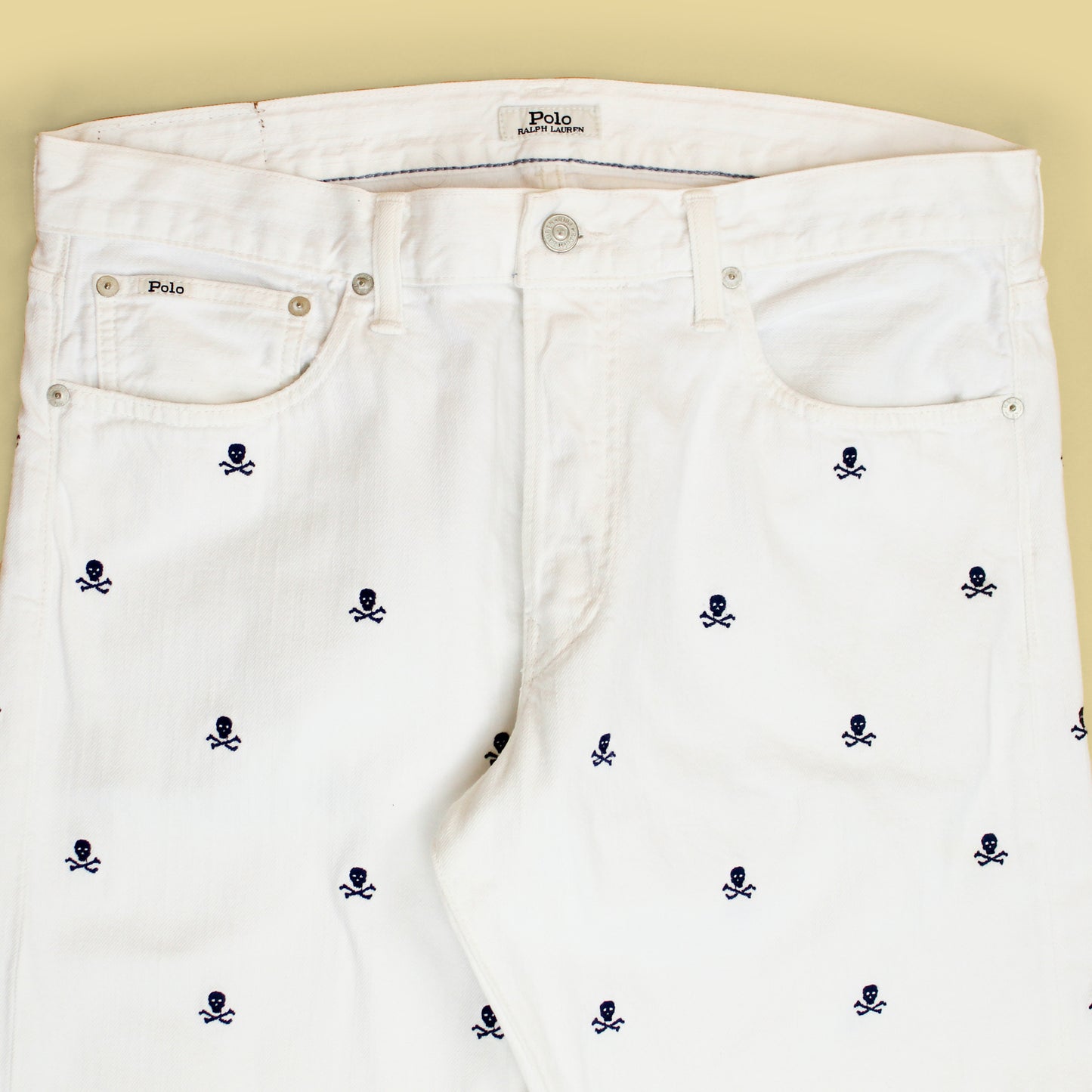 Polo Ralph Lauren Skull & Crossbone Embroidered White Denim Varick Slim Straight Jeans