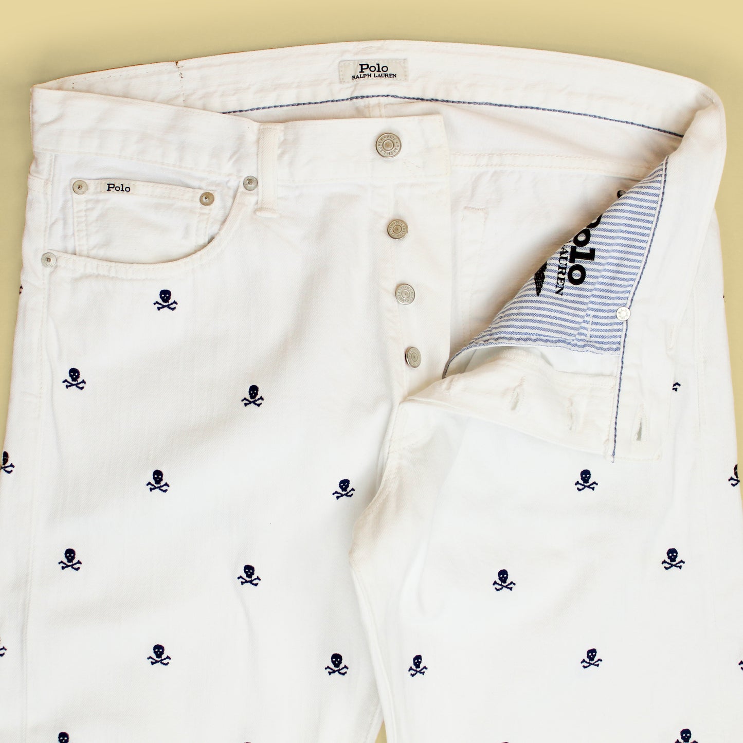 Polo Ralph Lauren Skull & Crossbone Embroidered White Denim Varick Slim Straight Jeans