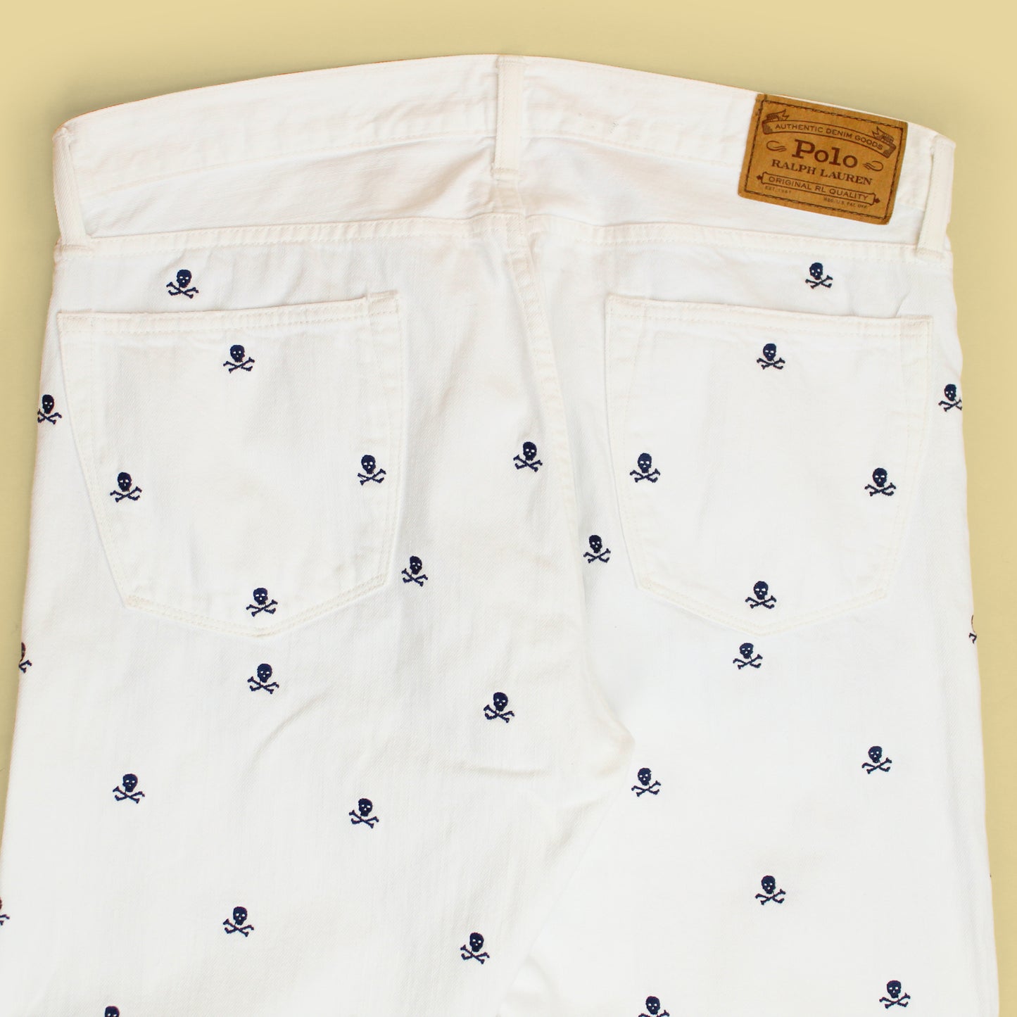 Polo Ralph Lauren Skull & Crossbone Embroidered White Denim Varick Slim Straight Jeans